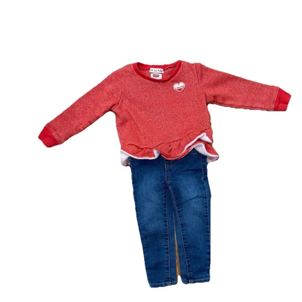 Kids Levi's Red Sparkle Heart Ruffle Sweater & Jeans Outfit Set Size 2T Playwear